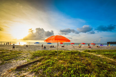 Parasols at beach against sky during sunset