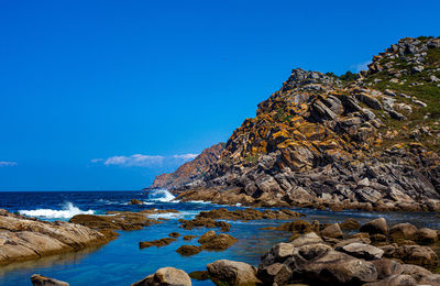 Rock formation on beach against blue sky