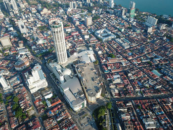 High angle view of modern buildings in city