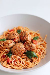 Close-up of noodles in bowl on table