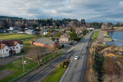 High angle view of city street against sky