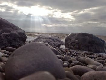 Surface level of pebble beach against sky