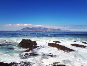 Scenic view of sea against blue sky