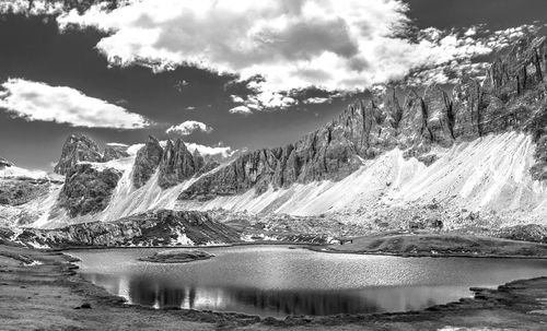 Scenic view of lake by snowcapped mountains against sky