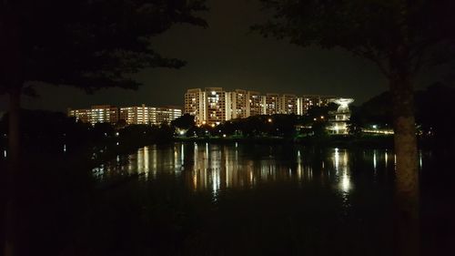 Reflection of buildings in water at night