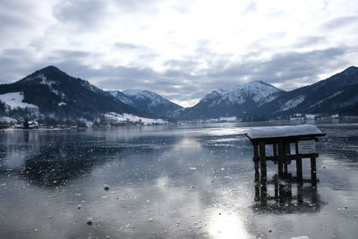 Scenic view of lake by snowcapped mountains against sky