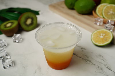 High angle view of drink on table