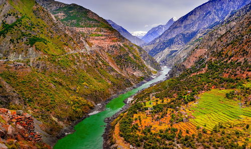 Scenic view of river flowing through mountains