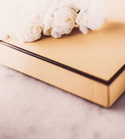 High angle view of book on table