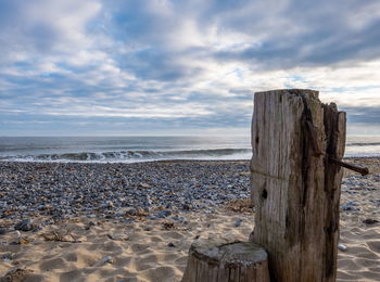 Wooden posts at sandy beach