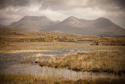 Scenic view of landscape and mountains against sky