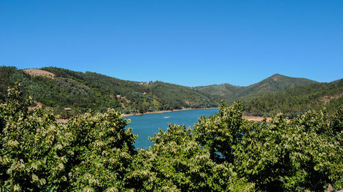 Scenic view of bay against clear blue sky