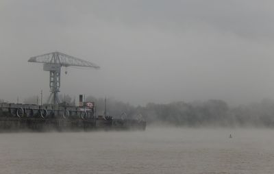 Cranes in foggy weather against sky