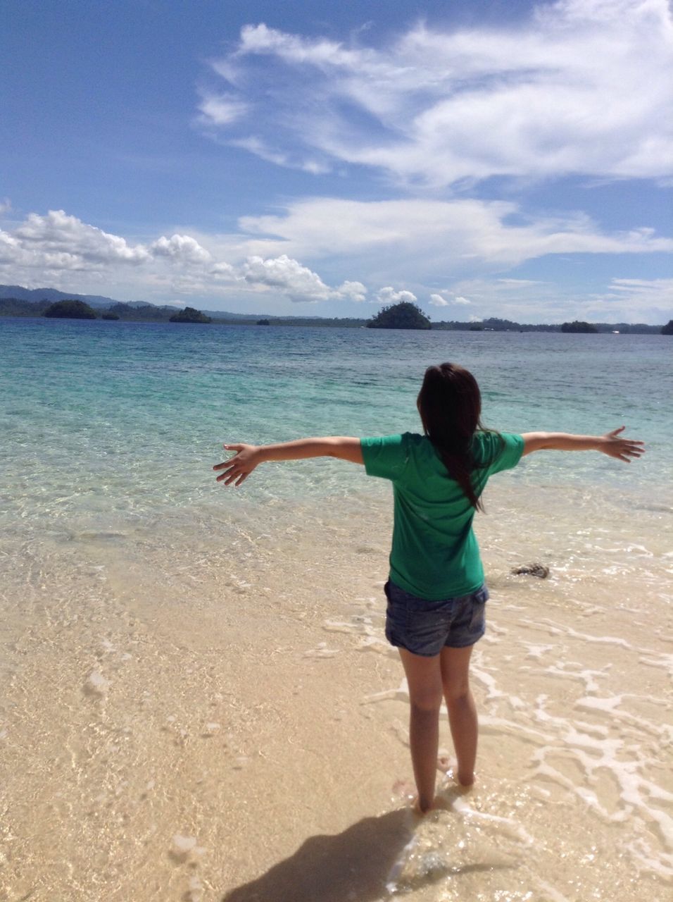 water, sea, beach, sky, shore, full length, lifestyles, leisure activity, rear view, casual clothing, sand, tranquility, childhood, tranquil scene, beauty in nature, scenics, cloud - sky, standing