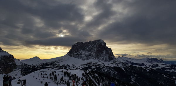 Scenic view of snowcapped mountains against sky during sunset