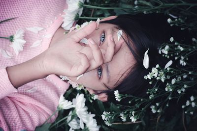 High angle view of woman holding flower