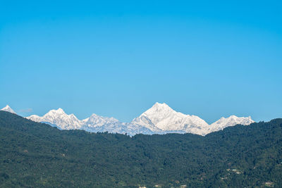 Scenic view of snowcapped mountains against clear blue sky