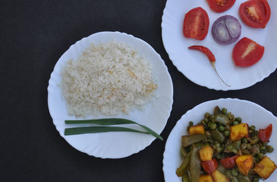 High angle view of breakfast served on table