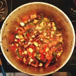 High angle view of soup in bowl on table