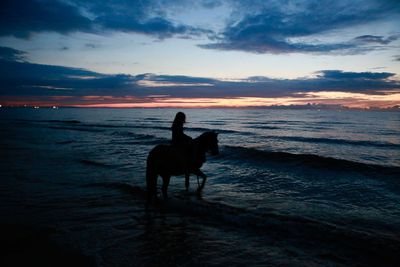 Silhouette woman on horse at beach against cloudy sky at dusk