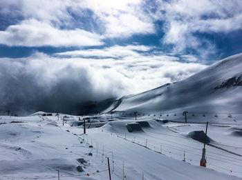 Snow covered landscape against sky