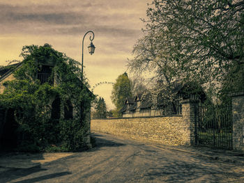 Footpath amidst trees and buildings against sky