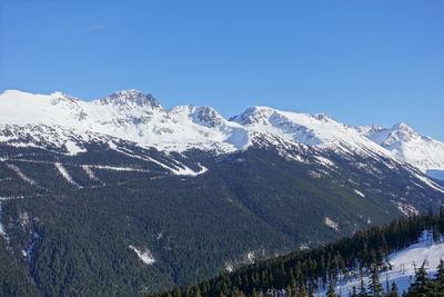 Scenic view of snowcapped mountains against clear blue sky