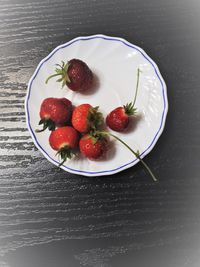 High angle view of strawberries in bowl