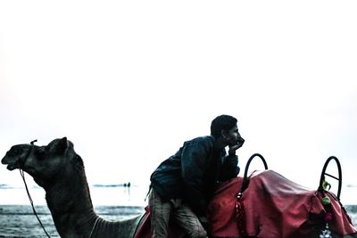 Panoramic view of people riding against clear sky