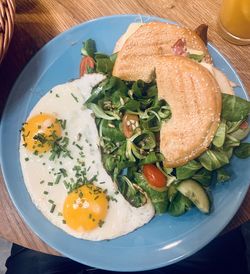 High angle view of breakfast served on table