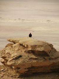 Rear view of man on rock at beach