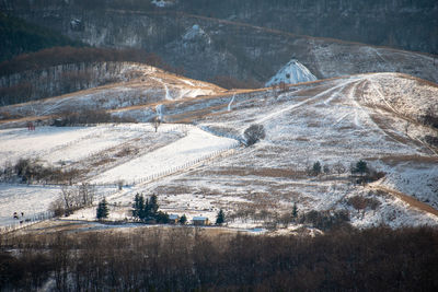 High angle view of snow covered land