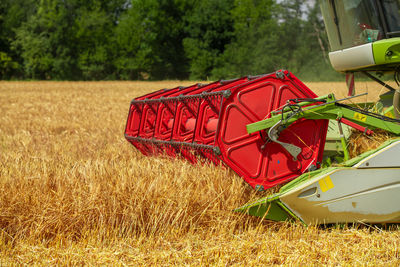 Combine harvester at work during harvest. wheat supply shortage, global food crisis, stockpiling.