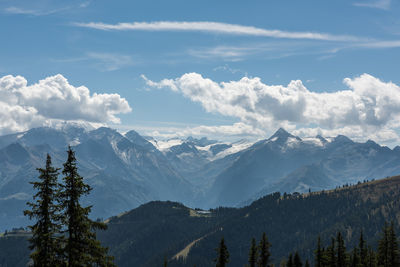 Scenic view of snowcapped mountains against sky