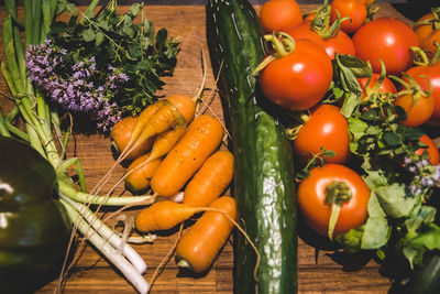 High angle view of vegetables on table