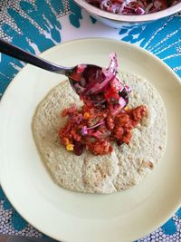 High angle view of food in plate on table