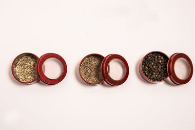 High angle view of candies against white background