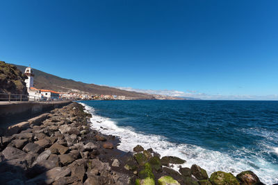 Scenic view of sea against clear blue sky