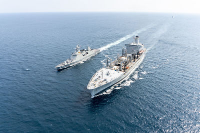 High angle view of boats in sea