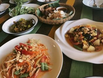 High angle view of meal served on table