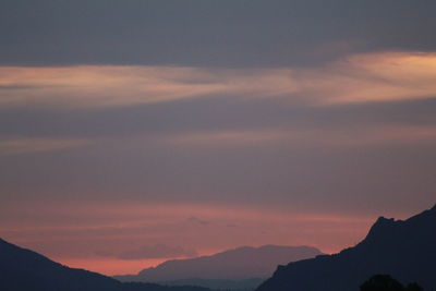 Scenic view of silhouette mountains against sky during sunset