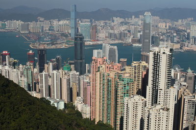 High angle view of modern buildings in city