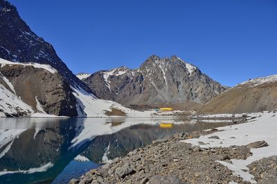 Scenic view of snowcapped mountains against clear blue sky