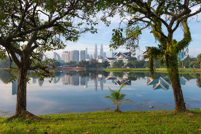 Reflection of trees and buildings in lake