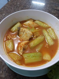 High angle view of soup in bowl