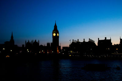 Illuminated buildings against clear blue sky