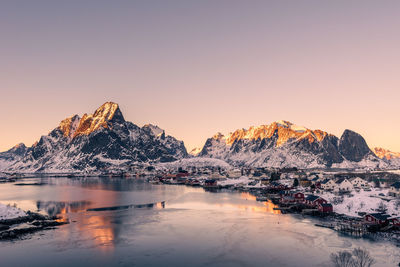 Scenic view of lake by snowcapped mountains against clear sky