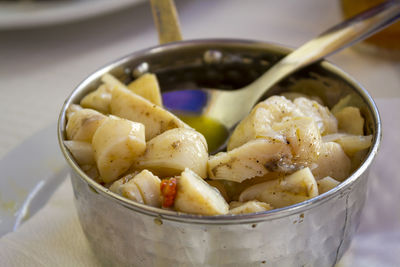 Close-up of noodles in bowl on table