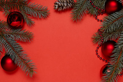 High angle view of christmas tree against yellow background