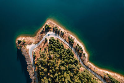 Aerial view of car on winding road by lake and forest